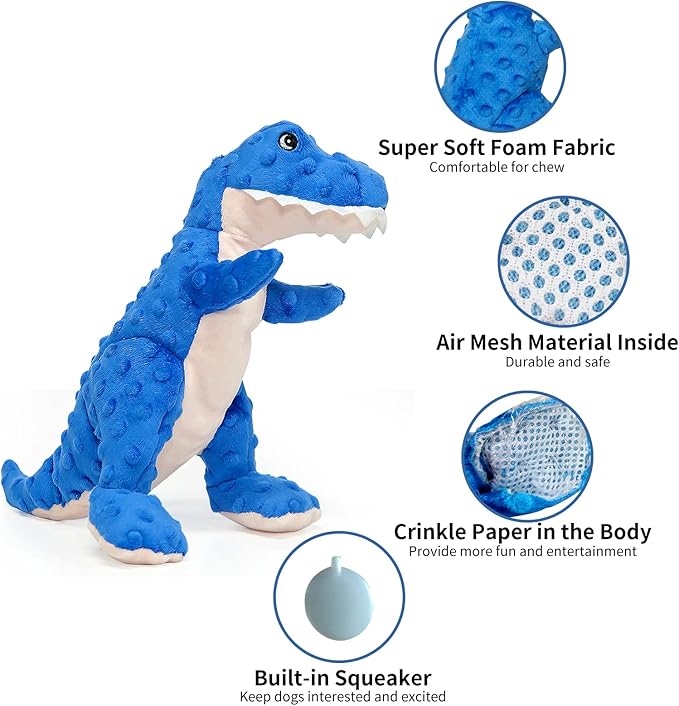 DODODOLA Dog Toys Dinosaur Dog Toy Blue Stuffed Animals Chew Toy Plush Squeaky Dog Birthday Toys for Small Large Big Dogs - PAWPICO
