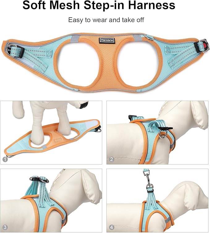 Mercano Soft Mesh Dog Harness and Leash Set, No-Chock Step-in Reflective Breathable Lightweight Easy Walk Escape Proof Vest Harnesses with Safety Buckle for Small Medium Dogs, Cats (M, Orange Blue) PAWPICO