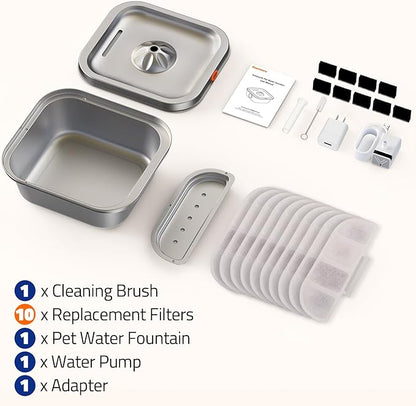 Cat Water Fountain Stainless Steel: 4L/140oz Pet Fountain Water Bowl Indoor, Automatic Dog Drinking Dispenser, Cat Feeding Watering Supplies, Metal Kitty Waterer Fountain, 10 Replacement Filters - PAWPICO