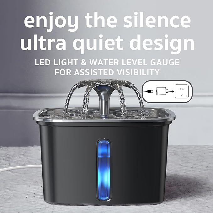 Veken Innovation Award Winner Stainless Steel Cat Water Fountain, 95oz/2.8L Automatic Pet Fountain Dog Water Dispenser with Replacement Filters & Silicone Mat for Cats, Dogs (Space Black) - PAWPICO