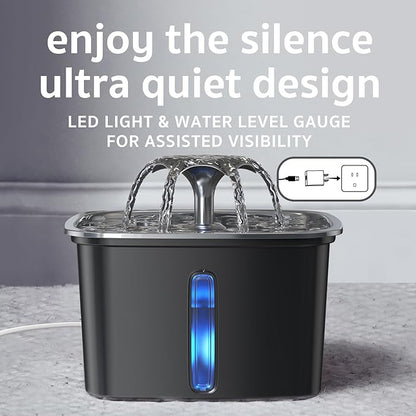 Veken Innovation Award Winner Stainless Steel Cat Water Fountain, 95oz/2.8L Automatic Pet Fountain Dog Water Dispenser with Replacement Filters & Silicone Mat for Cats, Dogs (Space Black) - PAWPICO