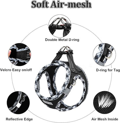 Mercano Soft Mesh Dog Harness and Leash Set, No-Chock Step-in Reflective Breathable Lightweight Easy Walk Escape Proof Vest Harnesses with Safety Buckle for Small Medium Dogs, Cats (Black White, XL) PAWPICO