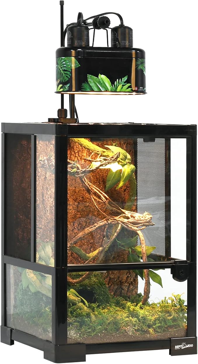 REPTI ZOO Nano Combo Print Tropical Desert Reptile Dual Deep Dome Lamp Fixture for Reptile Max 40 Watts Max Bulb Height 4 in Per Socket UVB Light Fixture Dual Lamp Cap Combo Integration Design REPTIZOO