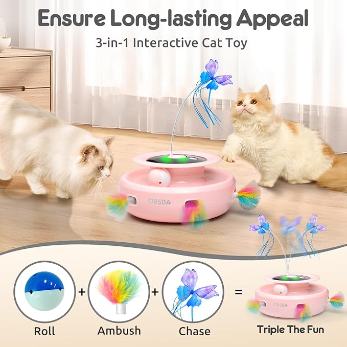ORSDA Cat Toy, 3-in-1 Automatic Cat Toys for Indoor Cats, Electronic Whack a Mole, Fluttering Butterfly,Track Balls Kitten Toy, Rechargeable Power Interactive Feather Toys for All Breeds - PAWPICO