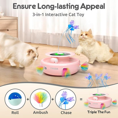 ORSDA Cat Toy, 3-in-1 Automatic Cat Toys for Indoor Cats, Electronic Whack a Mole, Fluttering Butterfly,Track Balls Kitten Toy, Rechargeable Power Interactive Feather Toys for All Breeds - PAWPICO