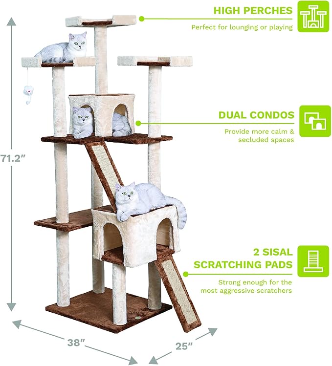Go Pet Club Everyday Value 71in Cat Tree Kitty Tower Kitten with Dual Condos and Double Scratching Boards Indoor Cat Activity Center Furniture, Beige/Brown - PAWPICO