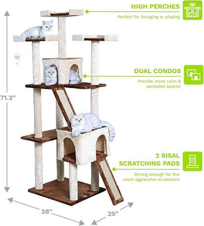 Go Pet Club Everyday Value 71in Cat Tree Kitty Tower Kitten with Dual Condos and Double Scratching Boards Indoor Cat Activity Center Furniture, Beige/Brown - PAWPICO