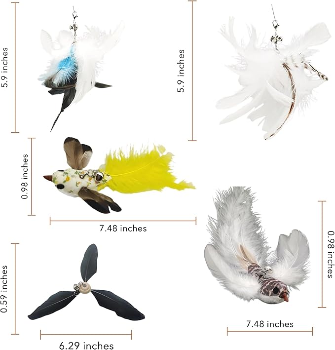 Variety Play Cat Toys Set, 5 Pack, Refills for Cat Wand Toys, Cat Fishing Poles, Spring Wires, Door/Wall Hang Ropes. 2 Bird Cat Toys, 2 Feather Cat Toys & Windmill - Bells & Easy Clip-On - PAWPICO