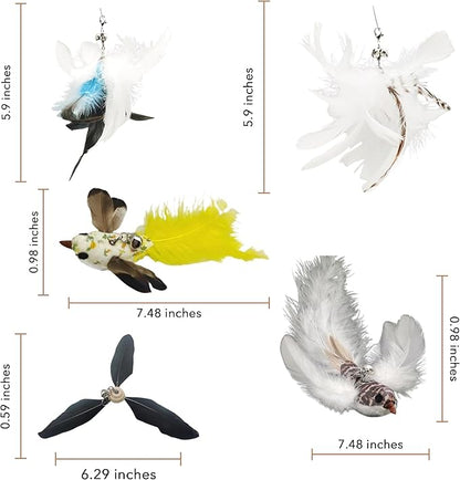 Variety Play Cat Toys Set, 5 Pack, Refills for Cat Wand Toys, Cat Fishing Poles, Spring Wires, Door/Wall Hang Ropes. 2 Bird Cat Toys, 2 Feather Cat Toys & Windmill - Bells & Easy Clip-On - PAWPICO