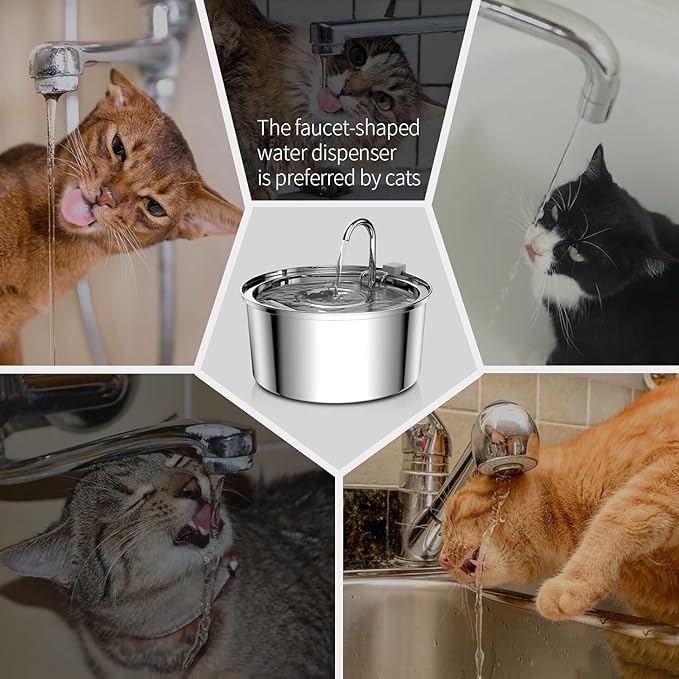 Tomxcute Cat Water Fountain Stainless Steel - 108oz/3.2L Cat Fountain for Drinking- Large Capacity Pet Water Fountain - Cat Feeding & Watering Supplies - Comes with 8 Replacement Filters - PAWPICO