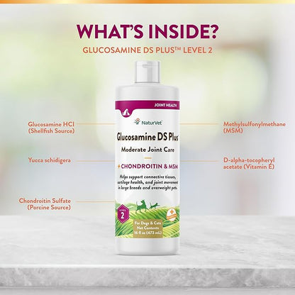 NaturVet Glucosamine DS Plus Hip & Joint Support Liquid Pet Supplement – Level 2 Moderate Care for Dogs & Cats – Includes Glucosamine, MSM, Chondroitin – 16 Oz NaturVet