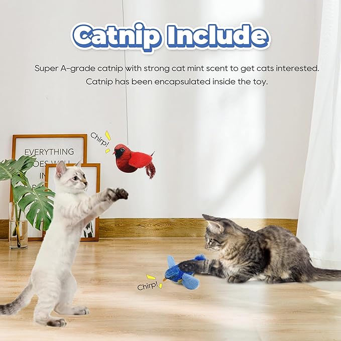 LEWISER Cat Toys Chirping Tit 2 Pcs with Catnip SilverVine, Suitable for Cat Wand Toys, Simulation Bird Design, Interactive Toys for Indoor Kitty Kitten Exercise, Red and Blue - PAWPICO