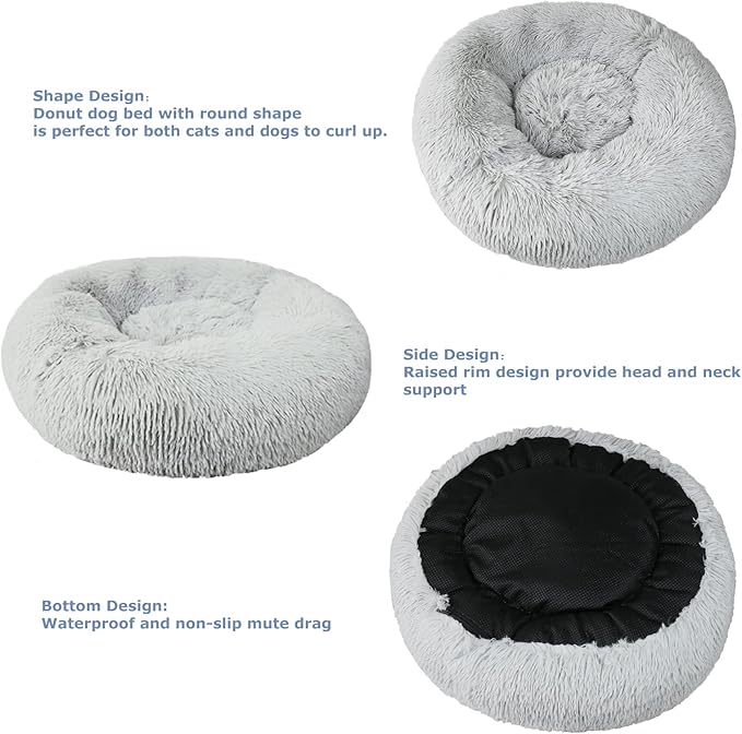 Orthopedic Dog Bed Small,Puppy Bed Washable,23 inches Donut Fluffy Small Pet Beds,Calming Anti Anxiety Round Fits up to 25 lbs Soft Warm Pets Beds for Puppies Indoor,Grey - PAWPICO