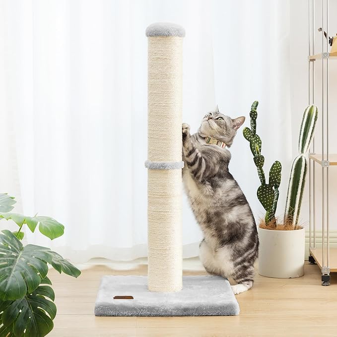 34inch Cat Scratching Post with Natural Sisal Rope 4.3Inch Large Diameter Scratcher Post Tree for Indoor Cats Grey - PAWPICO