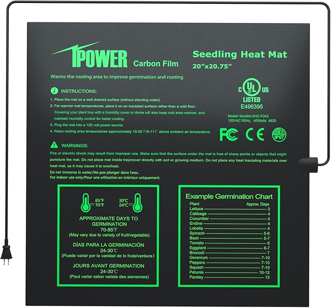 iPower 20” x 20.75” Seeding Heat Mat Upgraded Carbon Film Indoor Warm Hydroponic Plant Germination Starting Pad Durable Waterproof, 20" x 20.75", Black iPower