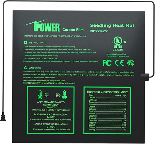 iPower 20” x 20.75” Seeding Heat Mat Upgraded Carbon Film Indoor Warm Hydroponic Plant Germination Starting Pad Durable Waterproof, 20" x 20.75", Black iPower