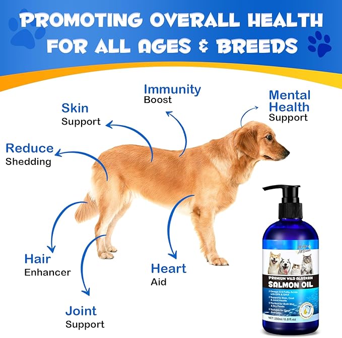 Alaskan Salmon Oil for Dogs, Omega 3 Fish Oil with Natural EPA+DHA Fatty Acids for Skin, Joints, Coat Health, Dog Skin and Coat Fish Oil Liquid Supplement, All Ages All Breeds 8.8fl.oz. FANGCUN