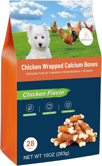 MON2SUN Dog Treats, Chicken Wrapped Calcium Dog Bones Without Rawhide, 2.3 Inch Training Treats for Teeth Cleaning and Fresh Breath, Dog Chews for Puppy and Small Dogs (28 Count - Pack of 1) - PAWPICO