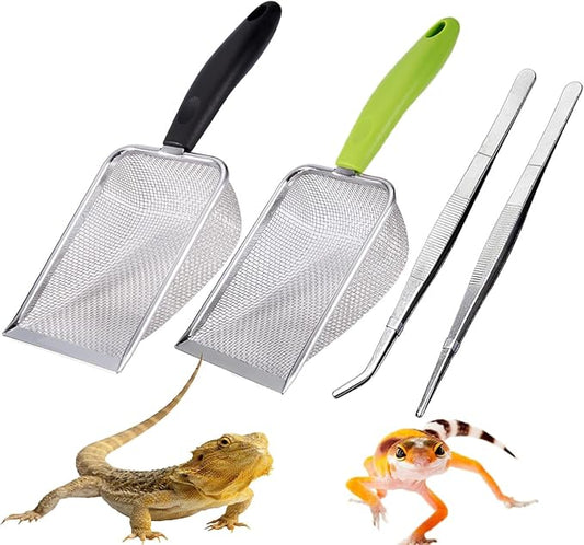 Reptile Sand Substrate Scoop Reptile Sand Fine Mesh Reptile Scooper Stainless Steel Terrarium Substrate Sand Bedding Litter Cleaner Scoop and Reptile Long Feeding Tongs Set (Green & black-2mm) WoYous