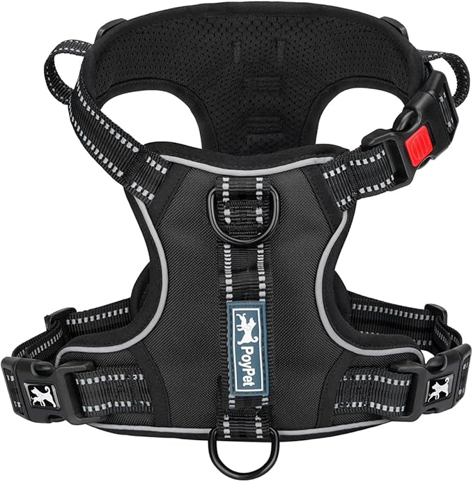 PoyPet No Pull Dog Harness, No Choke Front Clip Reflective Dog Vest with Soft Padded Vertical Handle, 3 Leash Attachments for Small Medium Large Dogs (Black,L) PoyPet
