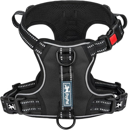PoyPet No Pull Dog Harness, No Choke Front Clip Reflective Dog Vest with Soft Padded Vertical Handle, 3 Leash Attachments for Small Medium Large Dogs (Black,L) PoyPet