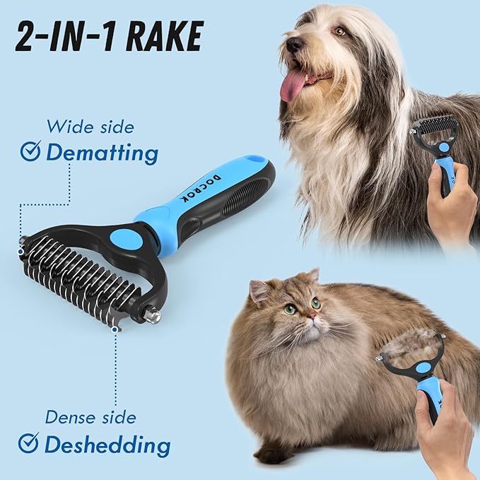 Pet Grooming Combo - Blue Deshedding Brush with Metal Comb for Detangling and Dematting Long, Matted Fur on Cats and Dogs - PAWPICO