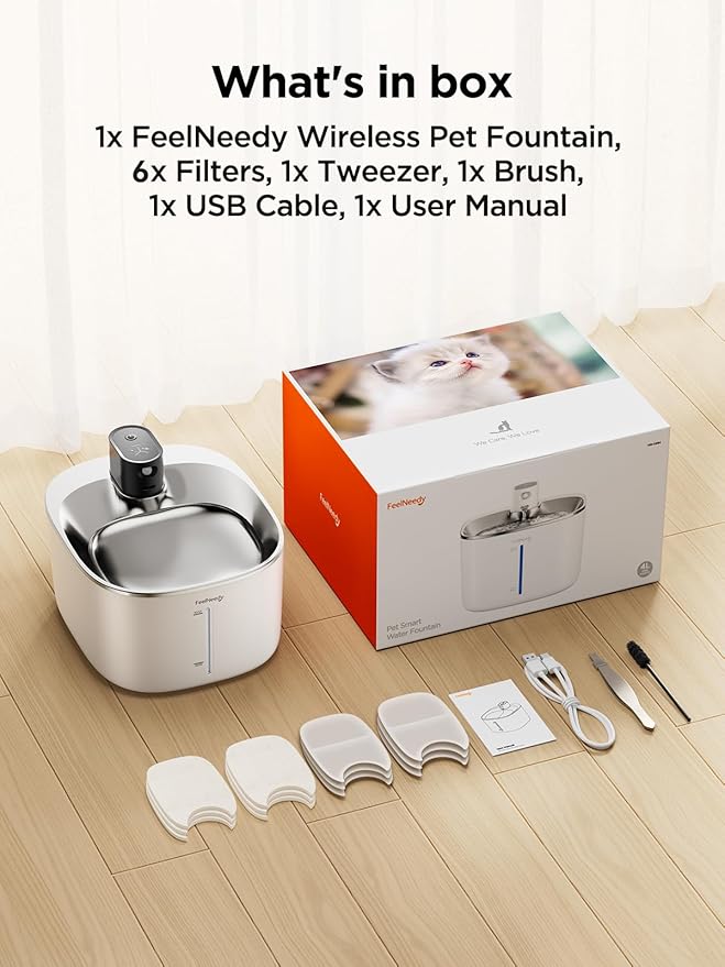 Wireless Cat Water Fountain Battery Operated, FEELNEEDY 4L/135 fl oz Pet Water Fountain for Cats and Dog with Motion Sensor, Ultra Quiet Cat Drinking Fountain with 6 Filters (YPD-C004P), White - PAWPICO