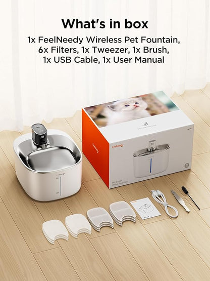 Wireless Cat Water Fountain Battery Operated, FEELNEEDY 4L/135 fl oz Pet Water Fountain for Cats and Dog with Motion Sensor, Ultra Quiet Cat Drinking Fountain with 6 Filters (YPD-C004P), White - PAWPICO