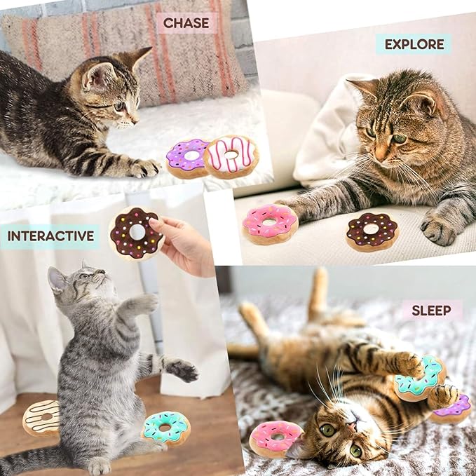 6 Pack Donut Cat Catnip Toys Kitten Chew Knickknack Sprinkles Interactive Pillows Teeth Grinding Catmint Plush Plaything Kitty Birthday Ideas Supplies 4 Inches - PAWPICO