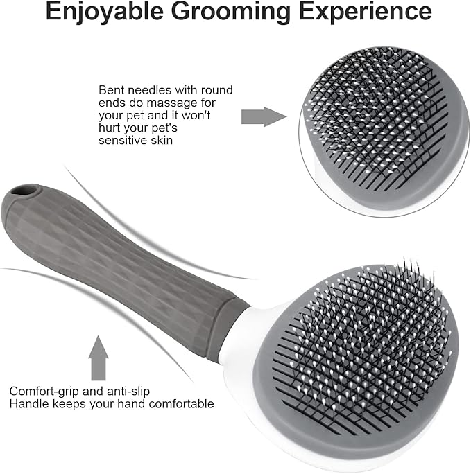 Depets Self Cleaning Slicker Brush, Dog Cat Bunny Pet Grooming Shedding Brush - Easy to Remove Loose Undercoat, Pet Massaging Tool Suitable for Pets with Long or Short Hair Gray - PAWPICO