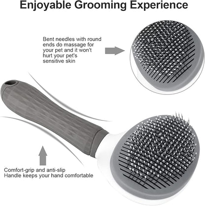 Depets Self Cleaning Slicker Brush, Dog Cat Bunny Pet Grooming Shedding Brush - Easy to Remove Loose Undercoat, Pet Massaging Tool Suitable for Pets with Long or Short Hair Gray - PAWPICO