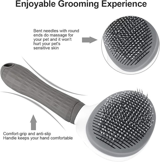 Depets Self Cleaning Slicker Brush, Dog Cat Bunny Pet Grooming Shedding Brush - Easy to Remove Loose Undercoat, Pet Massaging Tool Suitable for Pets with Long or Short Hair Gray - PAWPICO