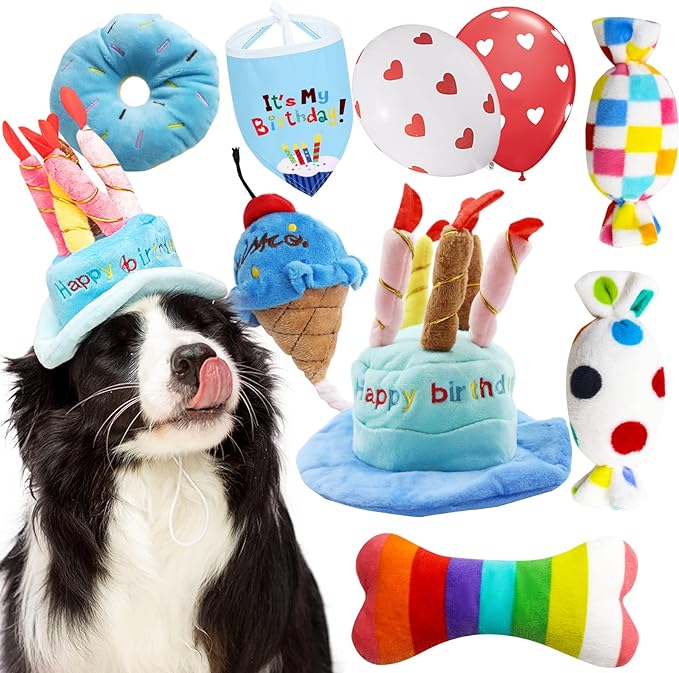 Dog Birthday Toy Set, 9Pcs Plush Pet Toy for Small Dogs, Includes Squeaky Cake Hat, Bandana, Dessert Themed Toys, Balloons, for Dog Birthday Party - PAWPICO