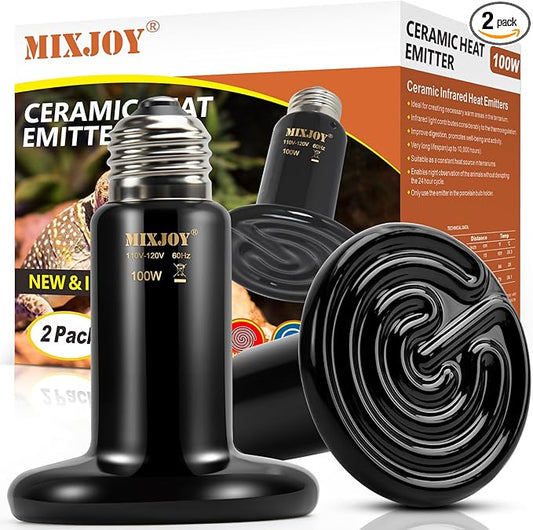 MIXJOY 100W Reptile Heat Lamp 2Pack Ceramic Heat Emitters Reptile Heat Lamp Bulbs, No Light Emitting Ceramic Heat Bulbs for Amphibian Terrarium Reptile Gecko Lizard Bearded Dragon Turtle Chicken Snake MIXJOY