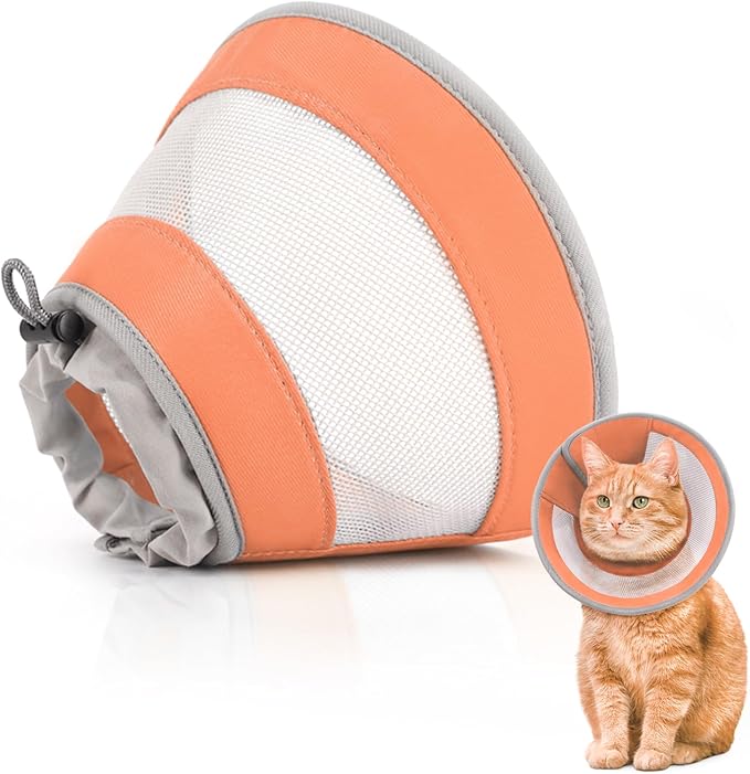 Cat Cone, Breathable Cat Cone Collar Soft, Adjustable Cat Cone to Stop Licking, Water Resistant Neck Cone for Cats with Air Mesh, Protective Cat Recovery E Collar for Cat Kitten（Orange, M-3 GoGoPaw