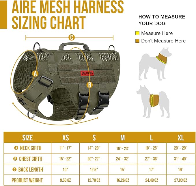 OneTigris No Pull Tactical Dog Harness for Medium Dog, Aire Mesh Service Dog Harness Breathable Military Dog Molle Vests with Handles, Service Dog Vest Harness for Walking Hiking Training Green OneTigris