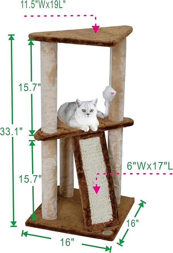 Go Pet Club Everyday Value 35in Corner Cat Tree Kitty Scratcher Tower Kitten Condo House Furniture with Scratching Board & Hanging Toys for Indoor Cats, Beige/Brown - PAWPICO