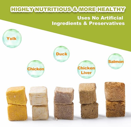 Freeze Dried Chicken Duck Salmon Cube - Cat Dog Dices Food Treats 5 in 1 Raw Egg Yolk High Protein Snacks Easy Digestion Pet Food No Fillers Preservatives or Additives for Training（5 OZ） - PAWPICO