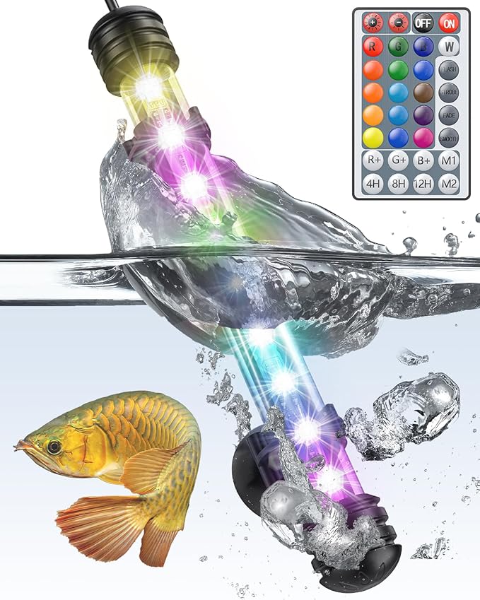 Pawfly 1.8 W Aquarium LED Light 7.5 Inch Underwater Fish Tank Light with Timer Fish Tank Background Light with 4 Lighting Modes Submersible Tube Light with Strong Remote Control (Battery Not Included) Pawfly
