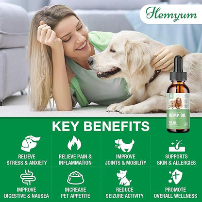 Pet Hemp Oil for Dogs and Cats - Organic Hemp Extract Drops, Sleep Aid Anxiety, Stress, Hip & Joint Pain Relief, Dog Calming Treats Rich in Omega 3-6-9 - Natural Pet Hemp Oil Hemyum