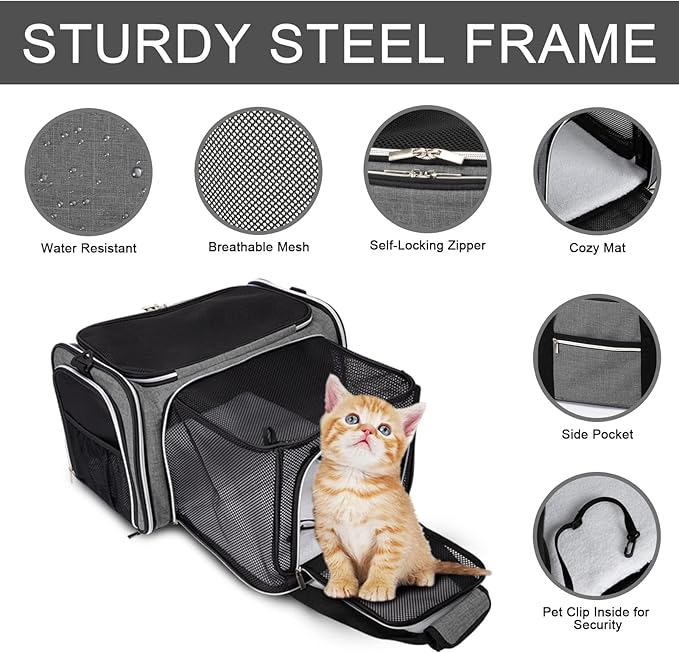 BAGLHER Cat Carrier Bag,Airline Approved Pet Carrier Soft Side Pet Travel 5 Sides Open Doors 3 Sides Expandable Foldable Dog Carrier with Fleece Pad - PAWPICO