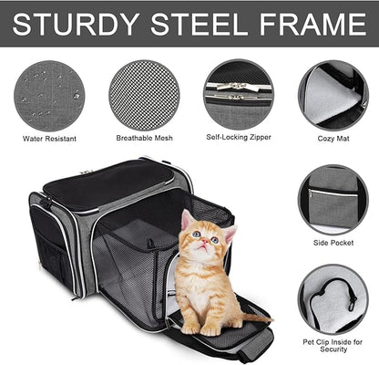 BAGLHER Cat Carrier Bag,Airline Approved Pet Carrier Soft Side Pet Travel 5 Sides Open Doors 3 Sides Expandable Foldable Dog Carrier with Fleece Pad - PAWPICO