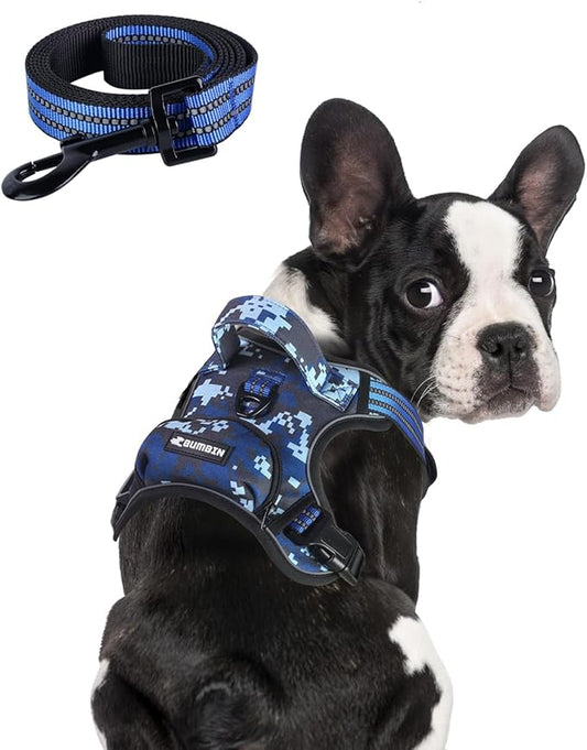 BUMBIN Dog Harness for Large Dogs, No Pull Adjustable No Choke Pet Vest with Dog Leash Fit Smart Reflective Pet Walking Harness for Training Easy Control Soft Handle Blue Camo M BUMBIN