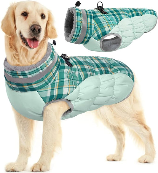 FUAMEY Dog Winter Coat,Dog Jackets with Harness Built in Dog Cold Weather Coats Dog Paded Vest Dog Apparel with Zipper on Back Pet Reflective Clothes for Small Medium Large Dogs Green Plaid L - PAWPICO