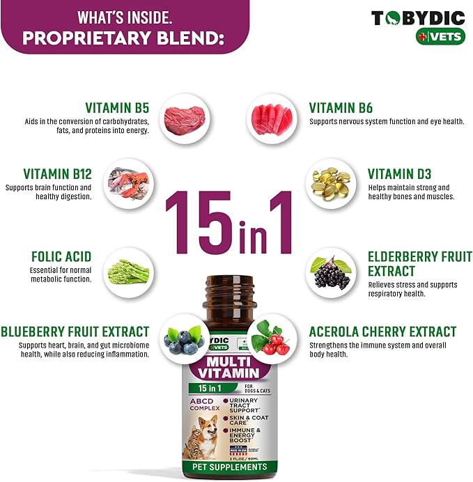Cat & Dog Multivitamin -15 in 1 Pet Supplements with Cranberry & Glucosamine - Natural Medicine & Support for UTI, Urinary Tract, Bladder, Kidney, Skin Coat, Joints Treatment Made in USA TOBYDIC