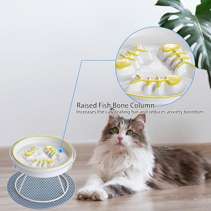 Raised Cat Dog Slow Feeder Bowl with Stand, Cat Slow Bowl for Wet Food and Dry Food, Stop Vomit and Choking, Slow Down Eating Speed, Ceramic Elevated Slow Cat Bowls, Whisker Friendly Pet Puzzle Feeder - PAWPICO