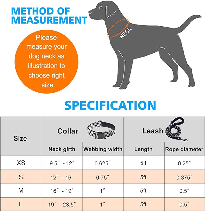 Reflective Dog Collar Padded with Soft Neoprene Breathable Adjustable Nylon Dog Collars for Small Medium Large Dogs (Medium (Pack of 1), Black Plaid Collar+Leash) ladoogo