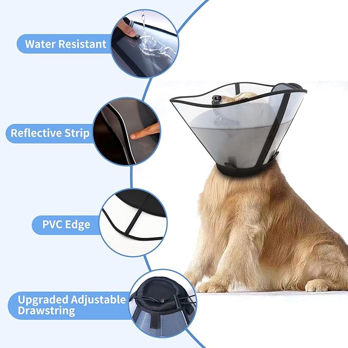 Soft Dog Cone for Dogs After Surgery, Breathable Pet Recovery Collar for Large Medium Dogs, Adjustable Dog Cone Collar, Elizabethan Collar (S, Black) PAWPICO