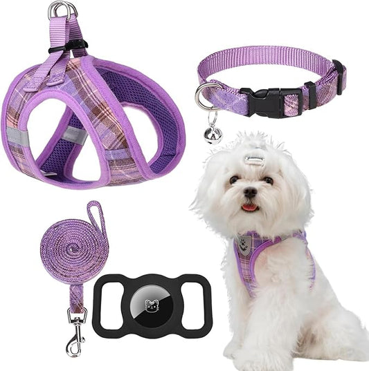 EXPAWLORER Classic Plaid Puppy Harness - Small Dog Harness and Leash Set - Dog Collar and Leash Set with AirTag Holder, Soft Padded Step in Dog Vest Harness No Pull Reflective for Outdoor, Purple S EXPAWLORER