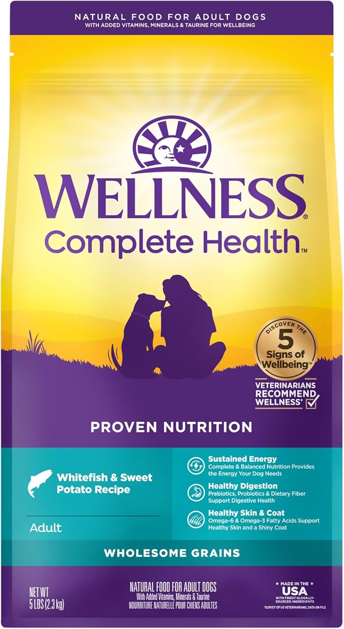 Wellness Complete Health Dry Dog Food with Grains, Natural Ingredients, Made in USA with Real Meat, All Breeds, For Adult Dogs (Whitefish & Sweet Potato, 5-Pound Bag) - PAWPICO